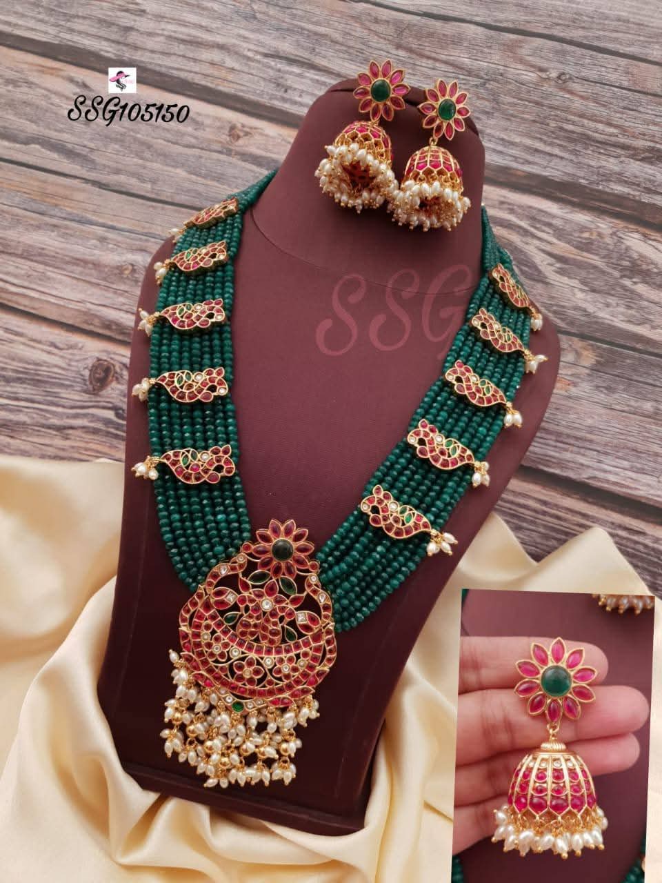 Buy Shringaar Splash Long Green Beads Round Shape Pendant With Earrings Haram Set