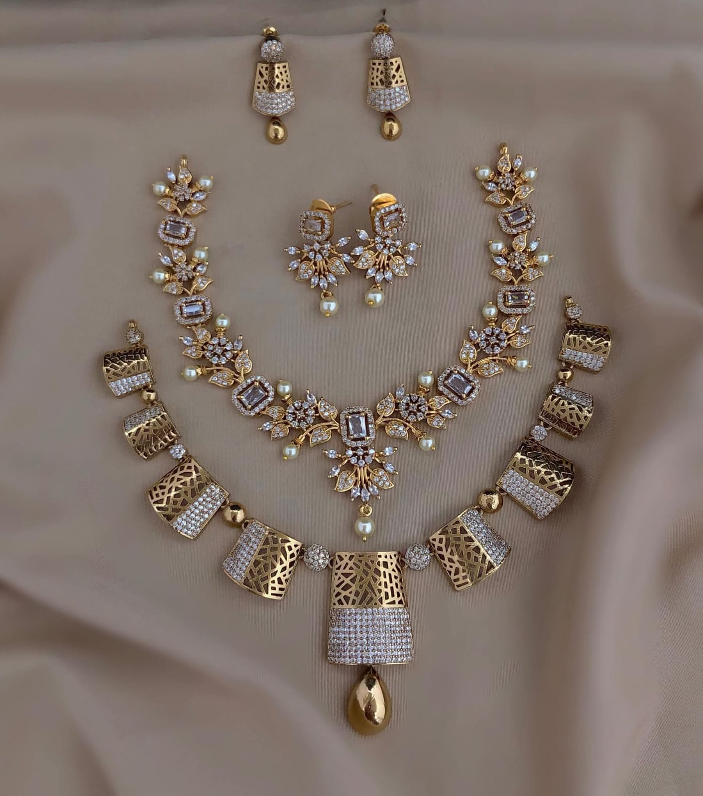 2 Lyer Micro Gold Plated Long Necklace With Earrings