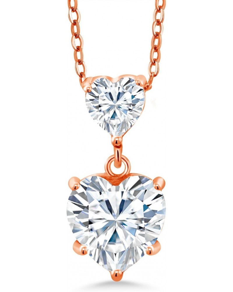 18K Rose Gold Plated Silver White Moissanite Double Heart Pendant Necklace For Women (2.22 Cttw, Heart 8MM and 5MM, with 18 I...