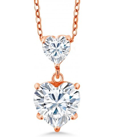 18K Rose Gold Plated Silver White Moissanite Double Heart Pendant Necklace For Women (2.22 Cttw, Heart 8MM and 5MM, with 18 I...