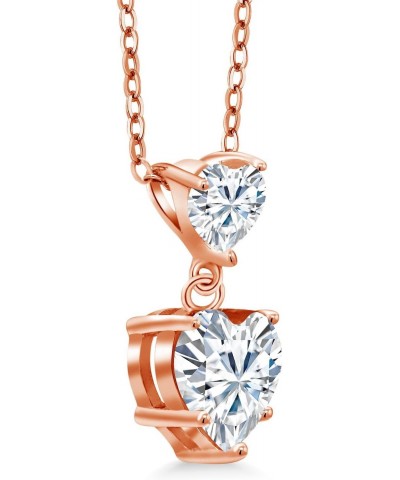 18K Rose Gold Plated Silver White Moissanite Double Heart Pendant Necklace For Women (2.22 Cttw, Heart 8MM and 5MM, with 18 I...