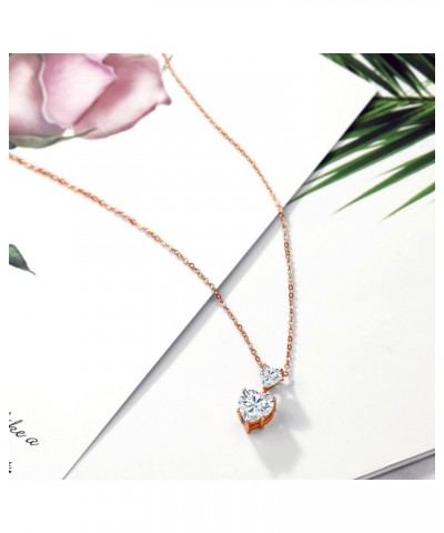 18K Rose Gold Plated Silver White Moissanite Double Heart Pendant Necklace For Women (2.22 Cttw, Heart 8MM and 5MM, with 18 I...