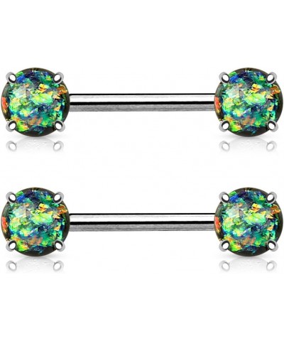 PAIR of Prong Set Synthetic Opal Glitter Nipple Rings/Shields/Barbells - 316L Surgical Steel Dark Green Opal $11.76 Body Jewelry