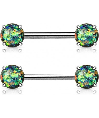 PAIR of Prong Set Synthetic Opal Glitter Nipple Rings/Shields/Barbells - 316L Surgical Steel Dark Green Opal $11.76 Body Jewelry