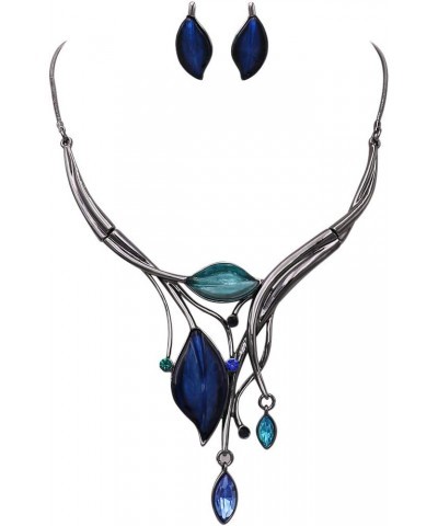 Women's Colorful Resin Leaf And Crystal Design Statement Bib Necklace Earrings Set, 14"+3" Extender Hematite Tone Blue $18.89...