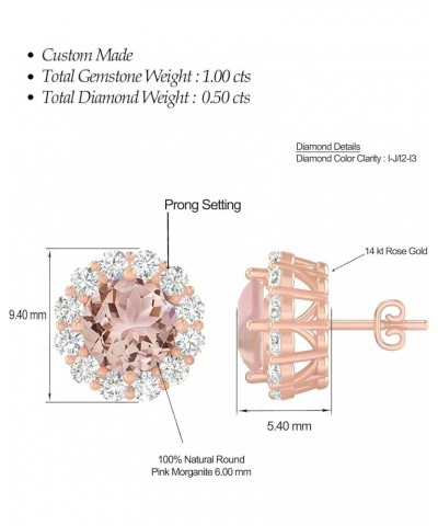 Inspereza Round Gemstone and Round Diamond Halo Stud Earrings in 14kt Gold (6 MM gemstone) Morganite $539.20 Earrings