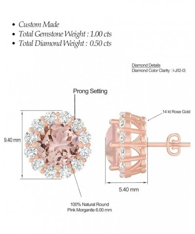 Inspereza Round Gemstone and Round Diamond Halo Stud Earrings in 14kt Gold (6 MM gemstone) Morganite $539.20 Earrings