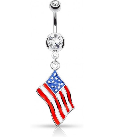 14GA Epoxy National Country Flag with Gem Dangling Belly Button Ring United States - USA $7.72 Body Jewelry