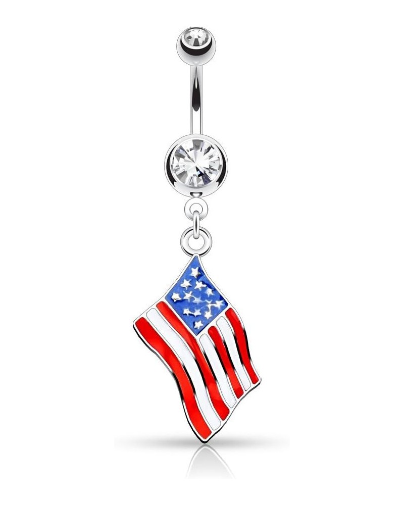 14GA Epoxy National Country Flag with Gem Dangling Belly Button Ring United States - USA $7.72 Body Jewelry