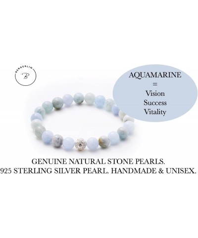 Real natural stone bracelet with 925 Sterling silver pearl and genuine 8mm natural stone pearls - Certified Quality Aquamarin...