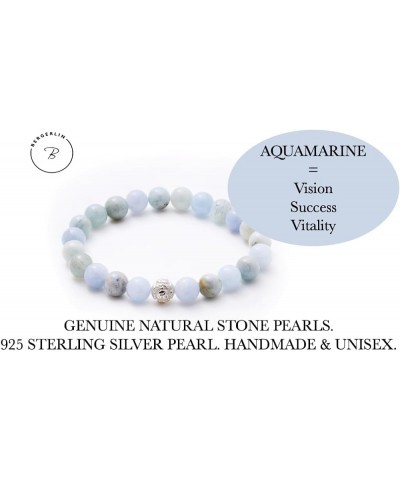 Real natural stone bracelet with 925 Sterling silver pearl and genuine 8mm natural stone pearls - Certified Quality Aquamarin...