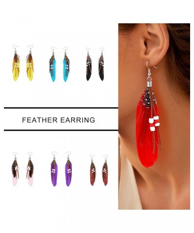 Feather Dangle Earrings for Women Long Boho Hook Drop Earring Trendy Jewelry 8Pair-Mix-A $9.68 Earrings