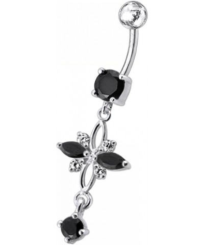 Fancy Cross Design Dangling 925 Sterling Silver with Stainless Steel Belly Button Navel Rings Black $11.65 Body Jewelry