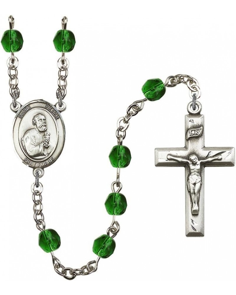 St. Peter The Apostle Silver-Plated Rosary - Every Birth Month Color and More May Green, Small Crucifix $74.47 Necklaces