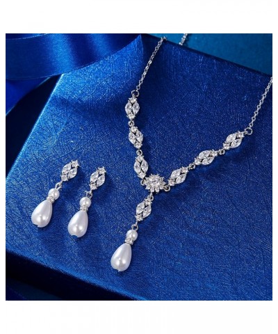 Women's Simulated Pearl Wedding Jewelry Set, Cubic Zirconia Marquise Floral Bridal Necklace Earrings Bracelet Sets Bridal Pea...