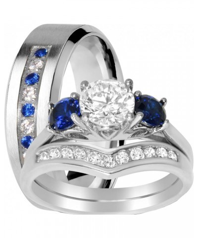 His and Her Wedding Set Blue Sapphire CZ Silver Bridal Engagement Set Titanium Wedding Band Her 05 - His 13 $33.14 Sets