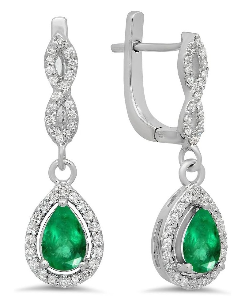 14K Each 7X5 MM Pear Gemstone & Round White Diamond Ladies Halo Teardrop Dangling Drop Earrings, White Gold Emerald $267.26 E...