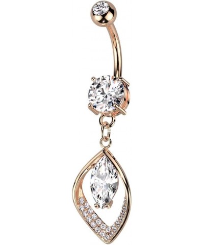 14GA 316L Stainless Steel Hollow CZ Crystal Paved Leaf with Marquise Center Dangling Belly Button Ring Rose Gold Tone $10.69 ...