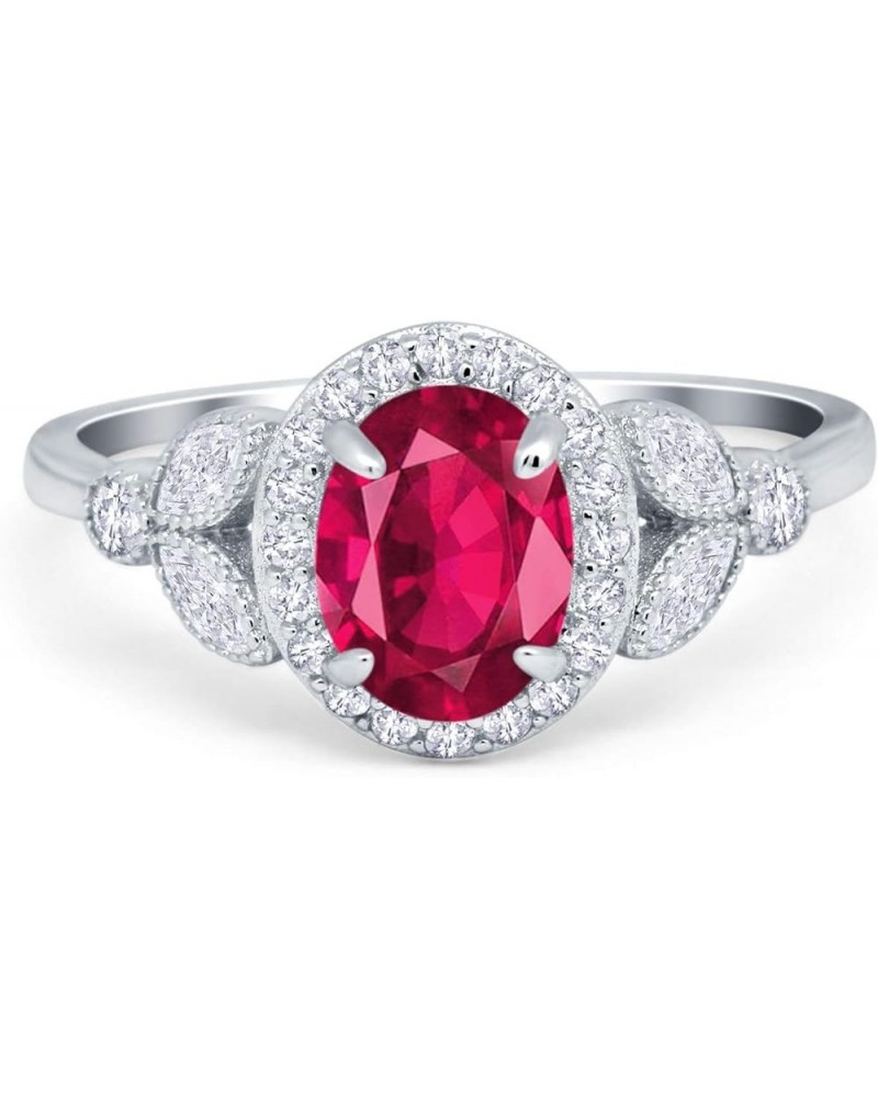 Oval Art Deco Wedding Engagement Ring Halo Round Simulated Cubic Zirconia 925 Sterling Silver Simulated Ruby CZ $17.69 Rings