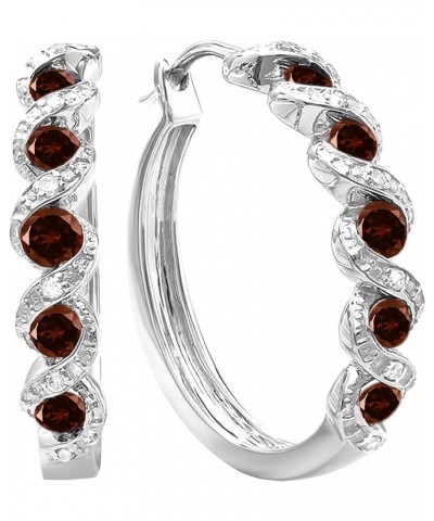 Round Gemstone & White Diamond Twisted Waves Hinged Post Hoop Earrings for Her in 925 Sterling Silver Garnet $58.75 Earrings