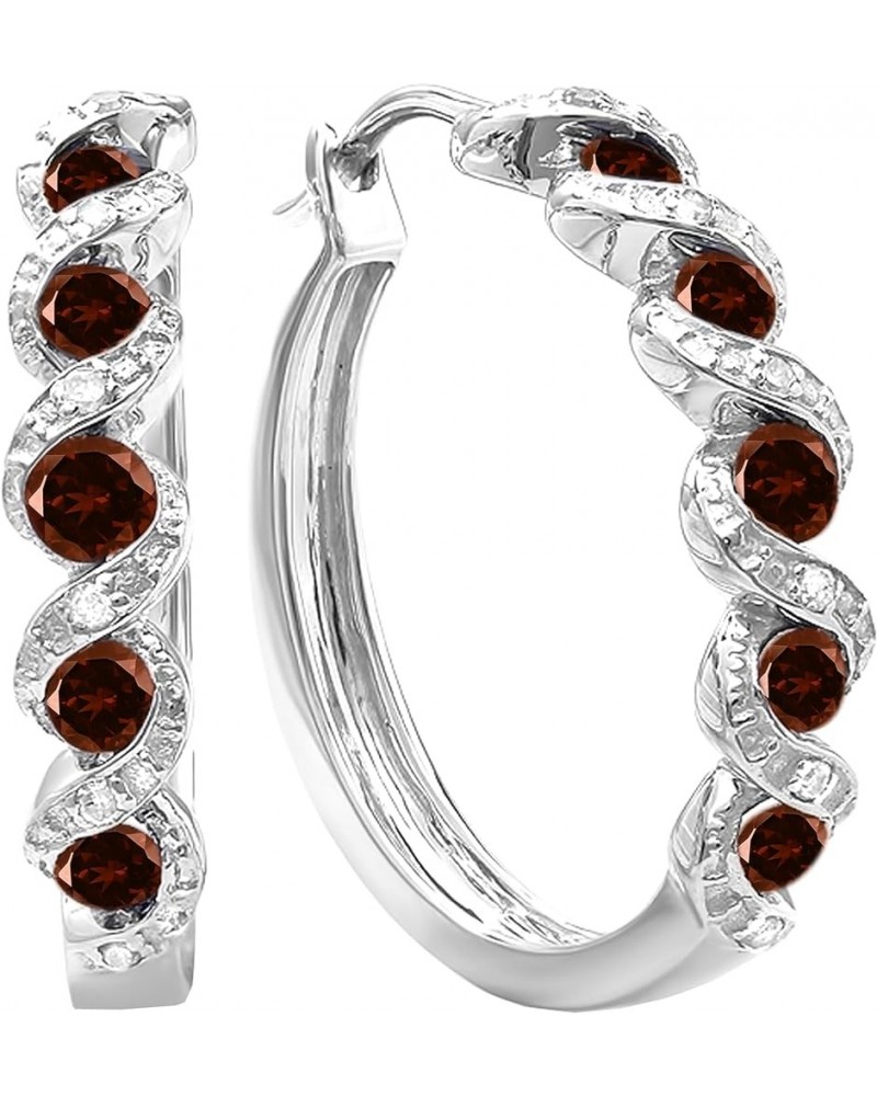 Round Gemstone & White Diamond Twisted Waves Hinged Post Hoop Earrings for Her in 925 Sterling Silver Garnet $58.75 Earrings