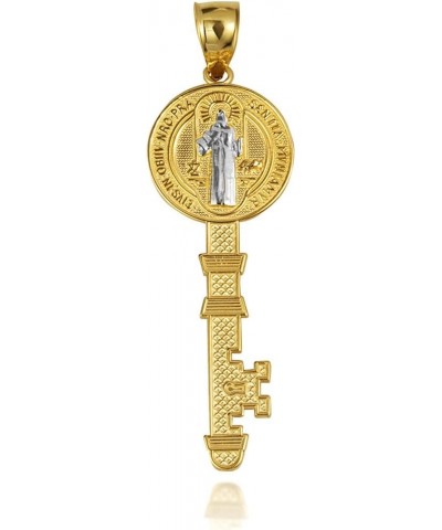 Fine 14k Gold Saint Benedict Medal Key Reversible Pendant Necklace (Size Small/Large) 22.0 Inches Two-Tone Yellow Gold (Small...