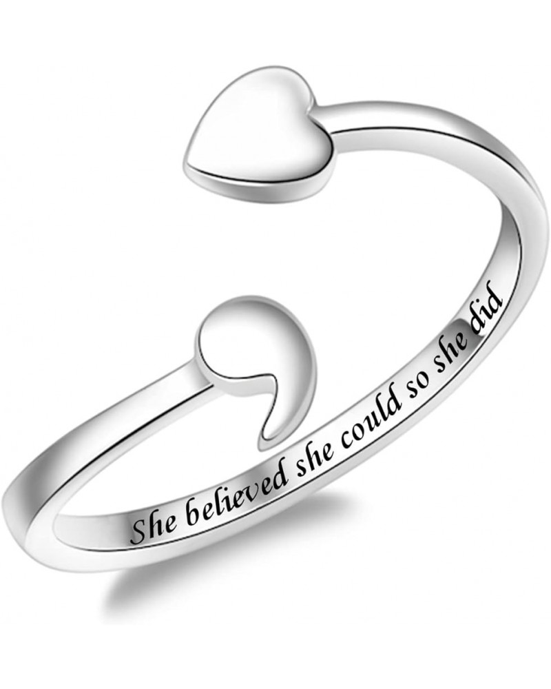 925 Sterling Silver Ring Heart Semicolon Ring adjustable Wrap Open Rings for Women She Believed She Could So She Did $15.29 R...