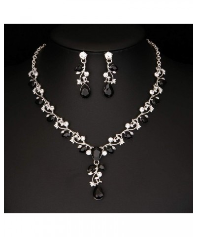 Leaf Vine Crystal Necklace Earrings Jewelry Set for Bridesmaids V-Neck Formal Evening Dress Black $10.25 Jewelry Sets