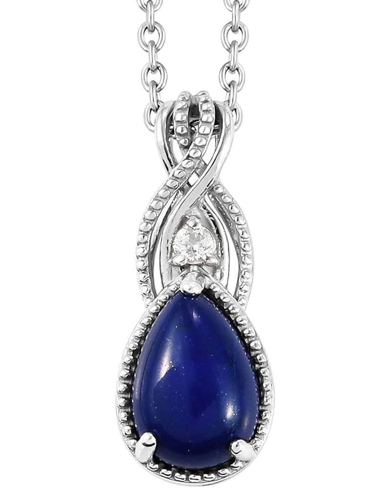 SHOP LC Stainless Steel 925 Sterling Silver Platinum Lapis Lazuli and White Topaz Pendant Necklace Delicate Jewelry Size 20" ...