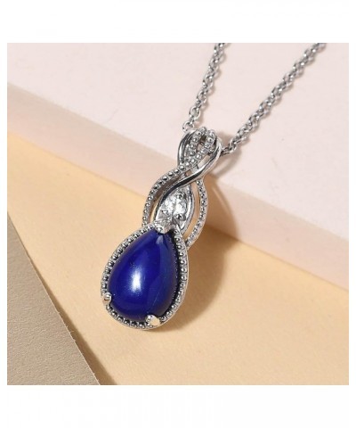 SHOP LC Stainless Steel 925 Sterling Silver Platinum Lapis Lazuli and White Topaz Pendant Necklace Delicate Jewelry Size 20" ...