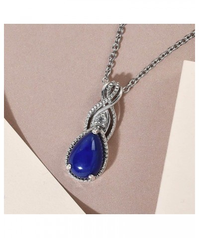 SHOP LC Stainless Steel 925 Sterling Silver Platinum Lapis Lazuli and White Topaz Pendant Necklace Delicate Jewelry Size 20" ...