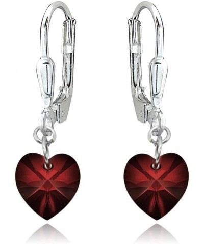 Sterling Silver European Crystal Dainty Heart Leverback Dangle Earrings for Women Girls January - Dark Red $13.20 Earrings