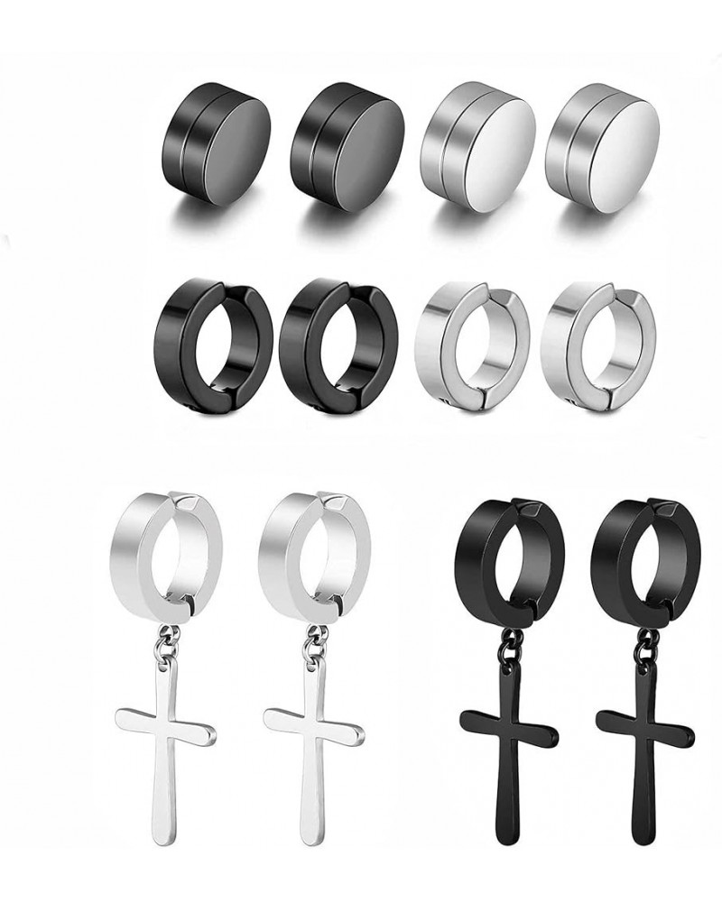 Stud Stainless Steel Earrings,Non Pierced Ear Clips for Men Women,Cross Dangle Hoop Earrings Unisex Gauges Clip on Earring 6P...