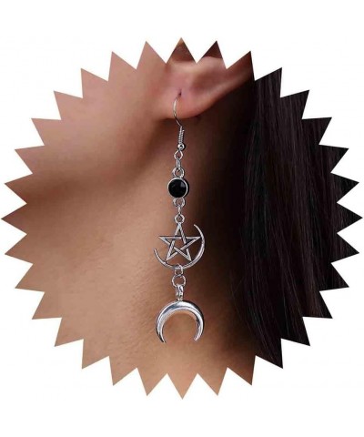 Boho Star Moon Dangle Earrings Silver Long Pentagram Moon Earrings Round Onyx Drop Earrings Five Pointed Star Earrings Wicca ...