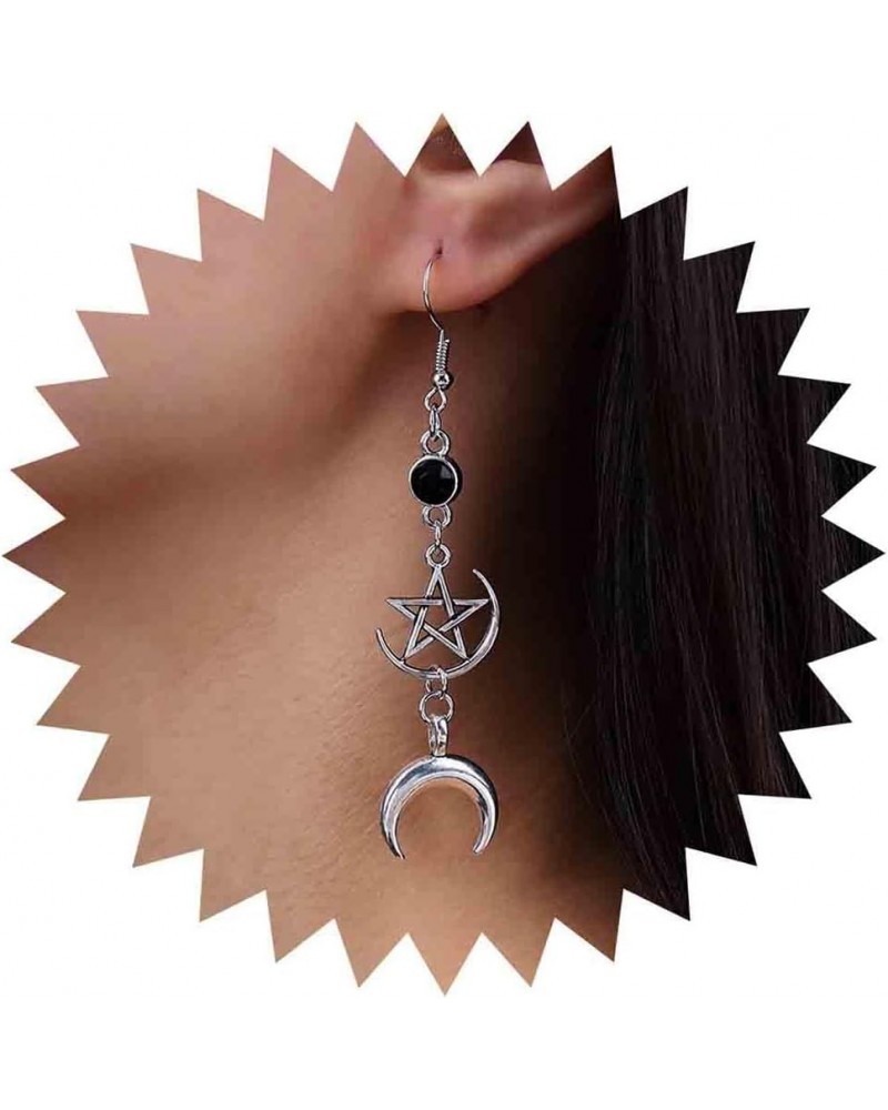 Boho Star Moon Dangle Earrings Silver Long Pentagram Moon Earrings Round Onyx Drop Earrings Five Pointed Star Earrings Wicca ...