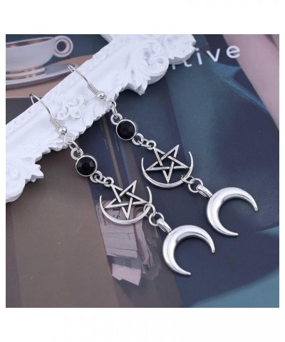 Boho Star Moon Dangle Earrings Silver Long Pentagram Moon Earrings Round Onyx Drop Earrings Five Pointed Star Earrings Wicca ...