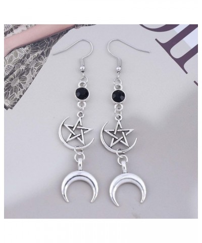 Boho Star Moon Dangle Earrings Silver Long Pentagram Moon Earrings Round Onyx Drop Earrings Five Pointed Star Earrings Wicca ...