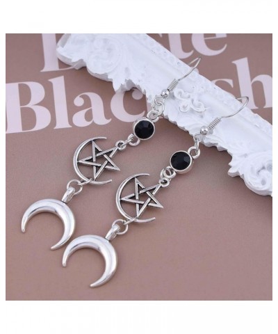 Boho Star Moon Dangle Earrings Silver Long Pentagram Moon Earrings Round Onyx Drop Earrings Five Pointed Star Earrings Wicca ...