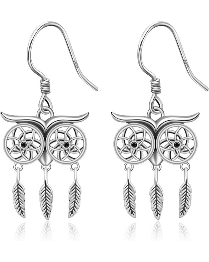 925 Sterling Silver Dangle Earring Owl/Raven Celtic Dangle Earrings Dreamcatcher Owl Sterling Silver Earrings for Women Dream...