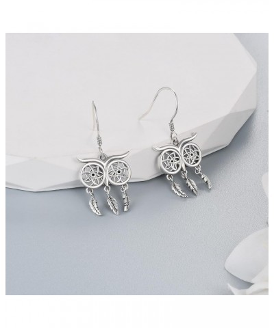 925 Sterling Silver Dangle Earring Owl/Raven Celtic Dangle Earrings Dreamcatcher Owl Sterling Silver Earrings for Women Dream...