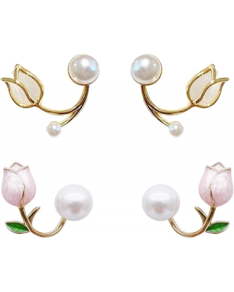 2 Pairs Tulip Earrings for Women Pink Pearl Flower Stud Earrings Tulip Front and Back Earrings Stud Jewelry for Girls 2 Tulip...