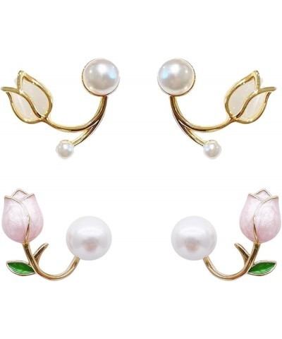 2 Pairs Tulip Earrings for Women Pink Pearl Flower Stud Earrings Tulip Front and Back Earrings Stud Jewelry for Girls 2 Tulip...