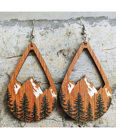 Vintage Nature Wooden Mountain Snow Dangle Drop Earrings Bohemian Colorful Hollow Teardrop Geometric Hook Earring with Tree P...