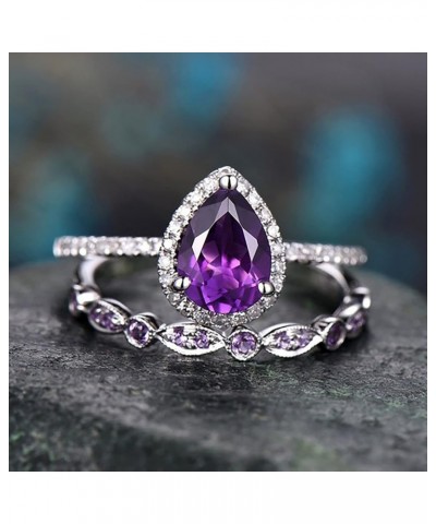 Shining Crystal Ring Kits Fashion Drop Shape Zirconia Rings Set Amethyst Teardrop Ring Engagement Wedding Ring Sets 10 Purple...