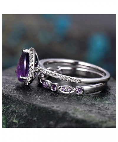 Shining Crystal Ring Kits Fashion Drop Shape Zirconia Rings Set Amethyst Teardrop Ring Engagement Wedding Ring Sets 10 Purple...