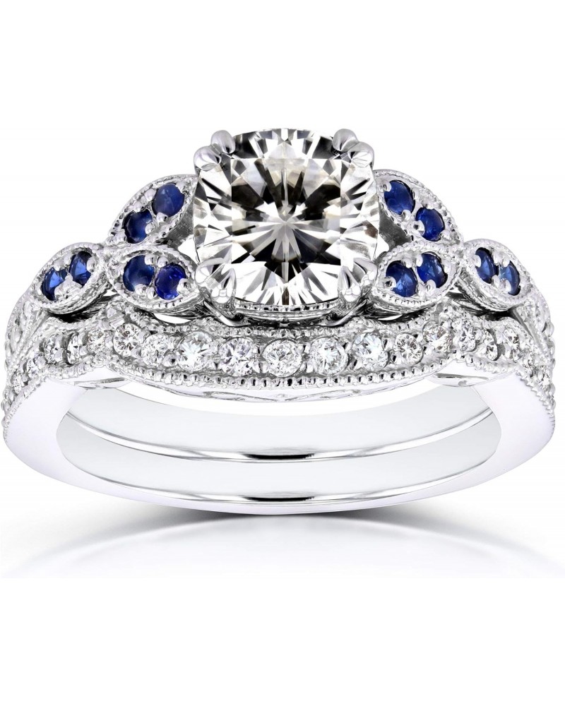 Vintage Style Floral Cushion Moissanite (GH) with Sapphire and Diamond Accents Bridal Set 1 1/2 Carat TGW in 14k White Gold $...