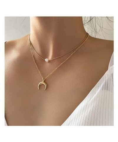 Bohemia Layered Moon Choker Necklace Floating Pearl Necklace Choker Crescent Moon Pendant Necklace Gold Pearl Collar Necklace...