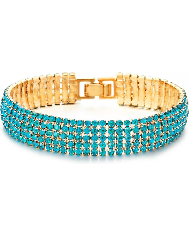 Sparkling Blue Crystal Rhinestones Cluster Wide Gold Color Bangle Bracelet for Womens $10.29 Bracelets