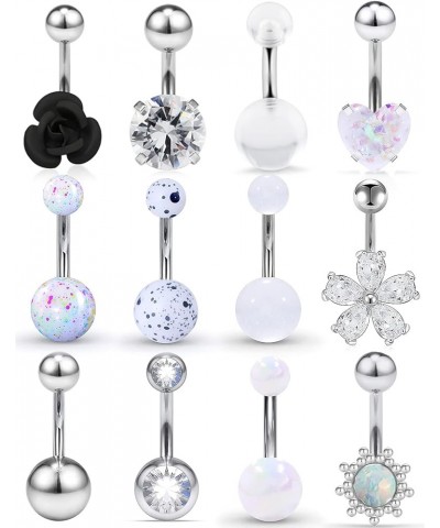 12Pcs 14g Belly Button Rings Surgical Steel CZ Flower Navel Ring Barbell for Women Girls Externally Threaded Body Piercing Je...