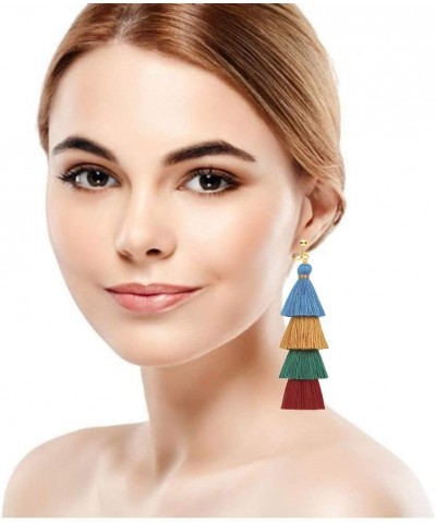 Clip on Dangle Teired Layered Earrings Bohemian Handmade Long Threads Tassel Boho Women Girls Fringe Drop Red $10.15 Earrings